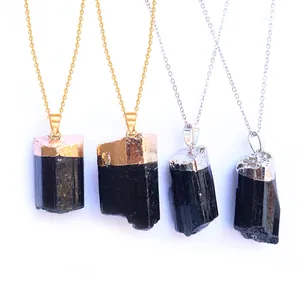Pendenti in tormalina nera naturale grezza con bordi placcati in oro e argento con catena