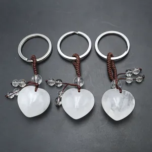 Lot de 3 porte-clés en quartz blanc naturel en forme de cœur avec cordons tressés à la main