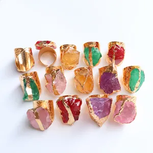 Natural crystal stone rings in various colors with gold plated hammered metal bands