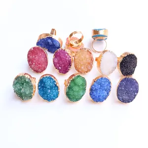 Natural Crystal Druzy Agate Open Ring Adjustable Oval Geode Stone Gold Plated Alloy Finger Ring For Women Bohemian Jewelry