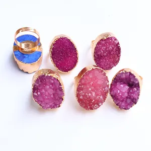 Adjustable gold druzy rings with colorful natural agate crystals in various vibrant colors