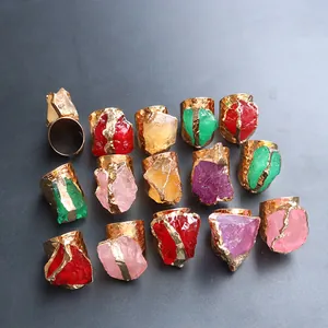 Bohemian gold plated rings set with irregular colorful natural crystal raw stones