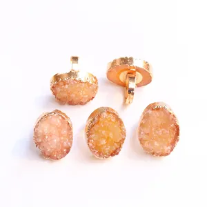 Adjustable druzy agate stone ring with colorful electroplating and golden metal edge