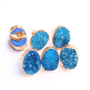 Set of 6 blue druzy geode rings with gold plated adjustable open bands for women