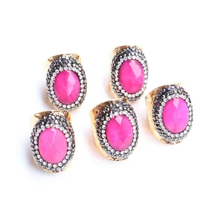 Five pieces set of oval rose red agate rings with crystal accents on gold plated bands