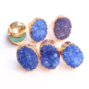 Adjustable druzy crystal ring set with colorful natural agate stones and gold plated bands