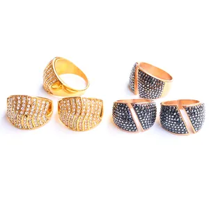 Übertriebener Breiter Edelstahl Ring Für Damen Geometrisches Wellenmuster Strass Eingelegt Gold Roségold Schwarz Ring Schmuck
