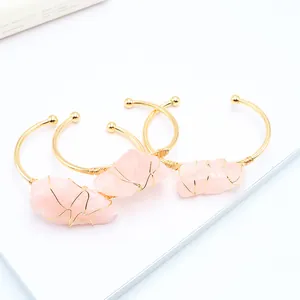 Natuurlijke Rozenkwarts Ruwe Steen Draadgewikkeld Armring Verguld Koper Verstelbaar Open Armband Voor Vrouwen Bohemian Sieraden