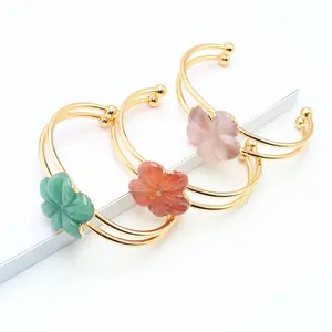 Vintage Carved Flower Natural Stone Double Wire Cuff Bangle For Women Gold Plated Rose Quartz Green Aventurine Adjustable Jewelry Bracelet