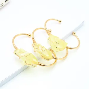 Boheemse Natuurlijke Citrien Ruwe Steen Draadgewikkeld Armband Voor Vrouwen Verguld Koper Onregelmatige Kristal Sieraden