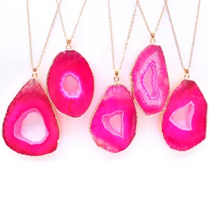 Ciondolo in Fetta di Agata Naturale Solo Senza Catena Per La Creazione di Gioielli Ciondolo in Pietra Druzy Con Bordo Dorato Per Collana Fai-Da-Te Artigianato Regalo Donna