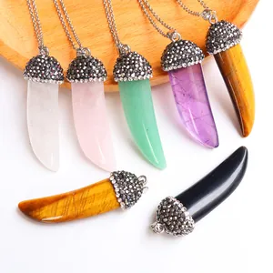 Natural Stone Horn Tooth Pendant Only Without Chain Rhinestone Alloy Cap Rose Quartz Amethyst Tiger Eye DIY Jewelry Making