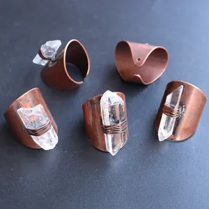 Set of raw clear quartz crystal rings with vintage copper wire wrapping style