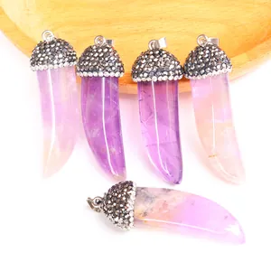 Natural crystal horn pendants with sparkling rhinestone caps for DIY jewelry making