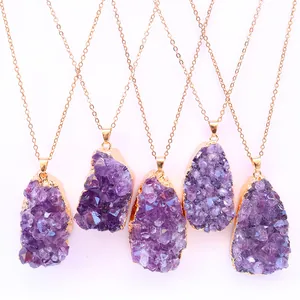 Natürlicher Amethyst Cluster Rohstein Anhänger Vergoldet Messing Kante Unregelmäßiger Druzy Kristall Nur Anhänger Ohne Kette DIY Schmuck