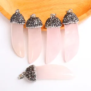 Set of 5 rose quartz horn pendants with dark rhinestone metal caps for DIY necklaces
