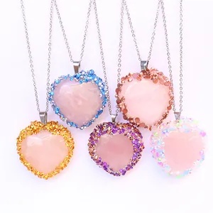 Natürlicher Rosenquarz Herz Anhänger Strass Rand Bohemian Stil Nur Anhänger Ohne Kette Für Damen Mode Schmuck