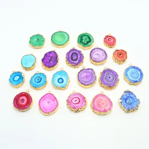 Natural Druzy Agate Slice Pendant Only Without Chain Gold Plated Edge Solar Quartz Crystal Pendant DIY Jewelry Boho Women