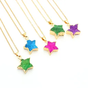 Star-shaped natural druzy agate pendant necklaces with gold chains in multiple colors