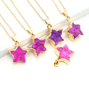 Star-shaped purple druzy agate pendants with golden electroplated edges and chain detail