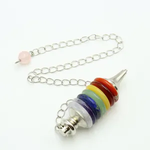 Seven Chakra crystal pendulum with silver chain and colorful natural stone discs