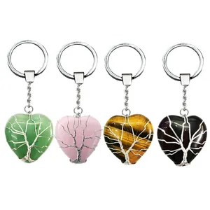 Handmade Natural Stone Heart Tree Of Life Wire Wrapped Keychain Healing Crystal Pendant For Women Men Bag Accessories