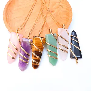 Hexagonal Column Natural Stone Pendant Wire Wrapped Crystal Healing Stone Rose Quartz Amethyst Pendant Only