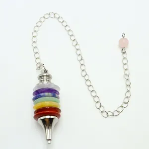 Seven chakra natural crystal stone pendulum with silver metal chain for meditation