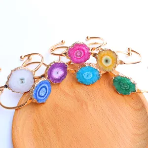 Brazalete Abierto Bohemio de Ágata Natural Druzy Cobre Chapado en Oro Piedra en Bruto Irregular Ajustable Joyería Étnica