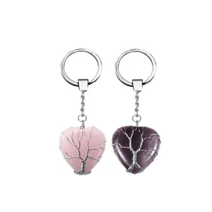 Detail of tree of life wire-wrapped heart-shaped pink quartz and amethyst keychains