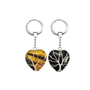 Tree of Life heart crystal keychains in tiger eye and amethyst with silver wire wrap