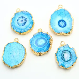 Set of five natural blue druzy agate sunflower pendants with gold-plated edges