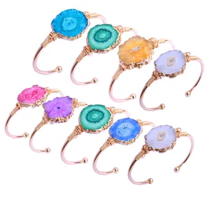 Brazalete de Geoda de Ágata Druzy Natural Girasol Chapado en Oro Cobre Envuelto en Alambre Ajustable Brazalete Abierto Joyería