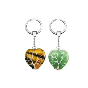 Tree of Life heart crystal keychains in tiger eye and green aventurine stone