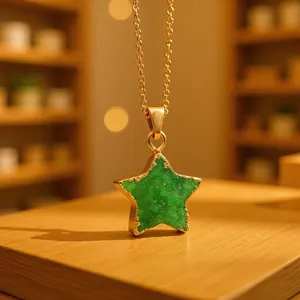 Green star-shaped natural druzy agate pendant necklace with gold plated edges