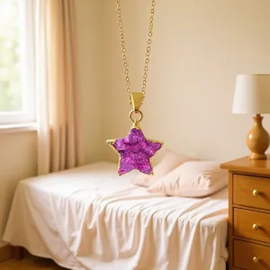 Star-shaped purple druzy agate crystal pendant necklace with elegant gold plated chain