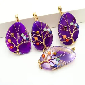 Tree of Life necklace with purple agate stone and colorful beads in rose gold wire wrapping