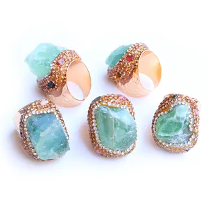 Bohemian adjustable copper rings with raw green fluorite and micro-pave crystal borders