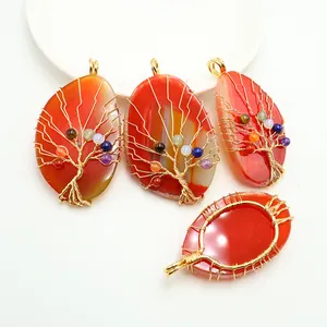 Natural agate tree of life pendants with rose gold wire wrap and colorful bead accents