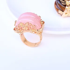 Natural Amethyst Rose Quartz Tiger Eye Stone Floral Butterfly Hollow Copper Adjustable Ring For Women Vintage Bohemian Jewelry