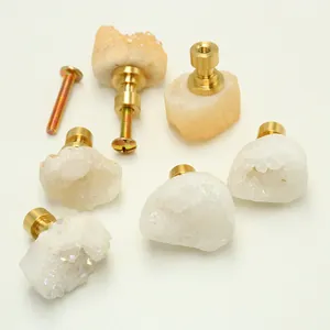 Natural crystal cluster cabinet knobs with brass base and mounting screws in gold finish