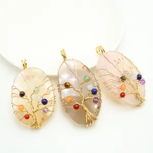 Natural agate tree of life pendant with colorful beads and rose gold wire wrapping