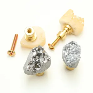 Natural crystal cluster cabinet knobs with brass base and mounting screws for drawers