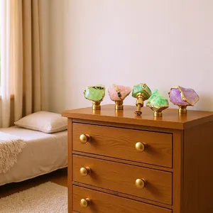 Natural Raw Stone Cabinet Knobs Amethyst Rose Quartz Citrine Fluorite Crystal Drawer Pulls Brass Base Furniture Handles