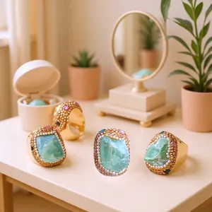 Bohemian Natural Green Fluorite Irregular Raw Stone Open Ring For Women Copper Gold Plated Adjustable Zirconia Finger Ring