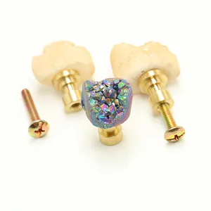 Natural crystal cluster drawer pulls with brass base and mounting screws for cabinets
