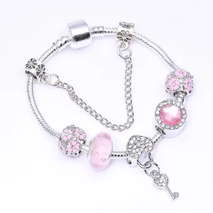 Rosa Herz Schlüssel Charm Armband Versilberte Legierung Zirkonia Glasperlen Schlangenkette Schmuck Für Frauen Romantisches Geschenk