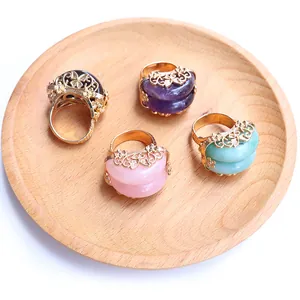 Natural crystal open rings in amethyst and quartz with vintage gold butterfly metal base