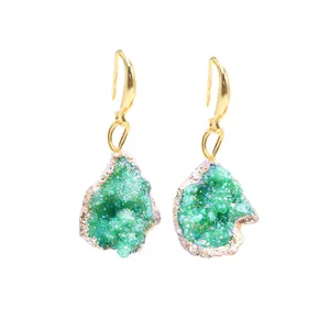 Boucles d oreilles en cristal druzy vert avec bords dorés et pompons pour femmes
