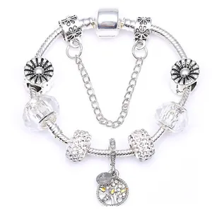 Family Tree Of Life Charm Bracelet Silver Plated Snake Chain With Rhinestones Hollow Floral Beads Safety Chain For Women DIY Jewelry Gift